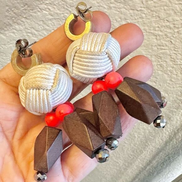 J.Crew hoop knotted wood bead statement earrings - Picture 6 of 12